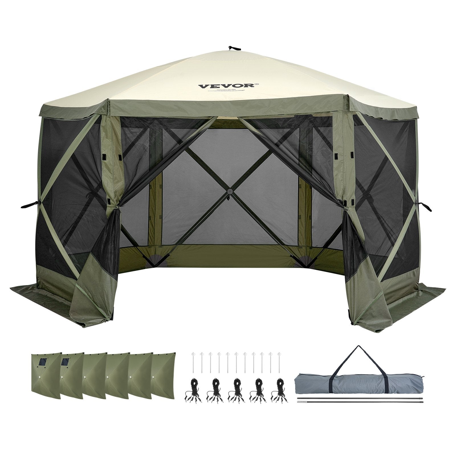 Pop Up Gazebo Tent 12x12FT 6 Sided Screen Canopy with Removable Cloths Army