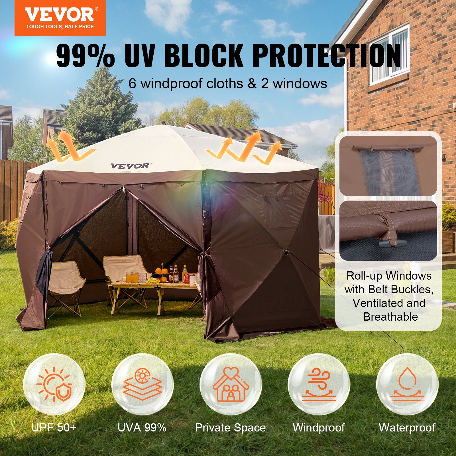 Pop Up Gazebo Tent 12.5x12.5FT 6 Sided Screen Canopy with Removable Cloths Brown