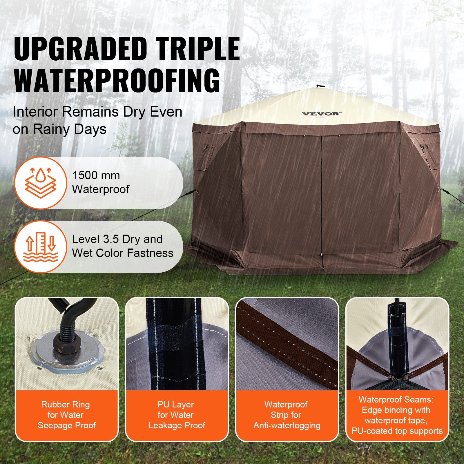 Pop Up Gazebo Tent 12.5x12.5FT 6 Sided Screen Canopy with Removable Cloths Brown