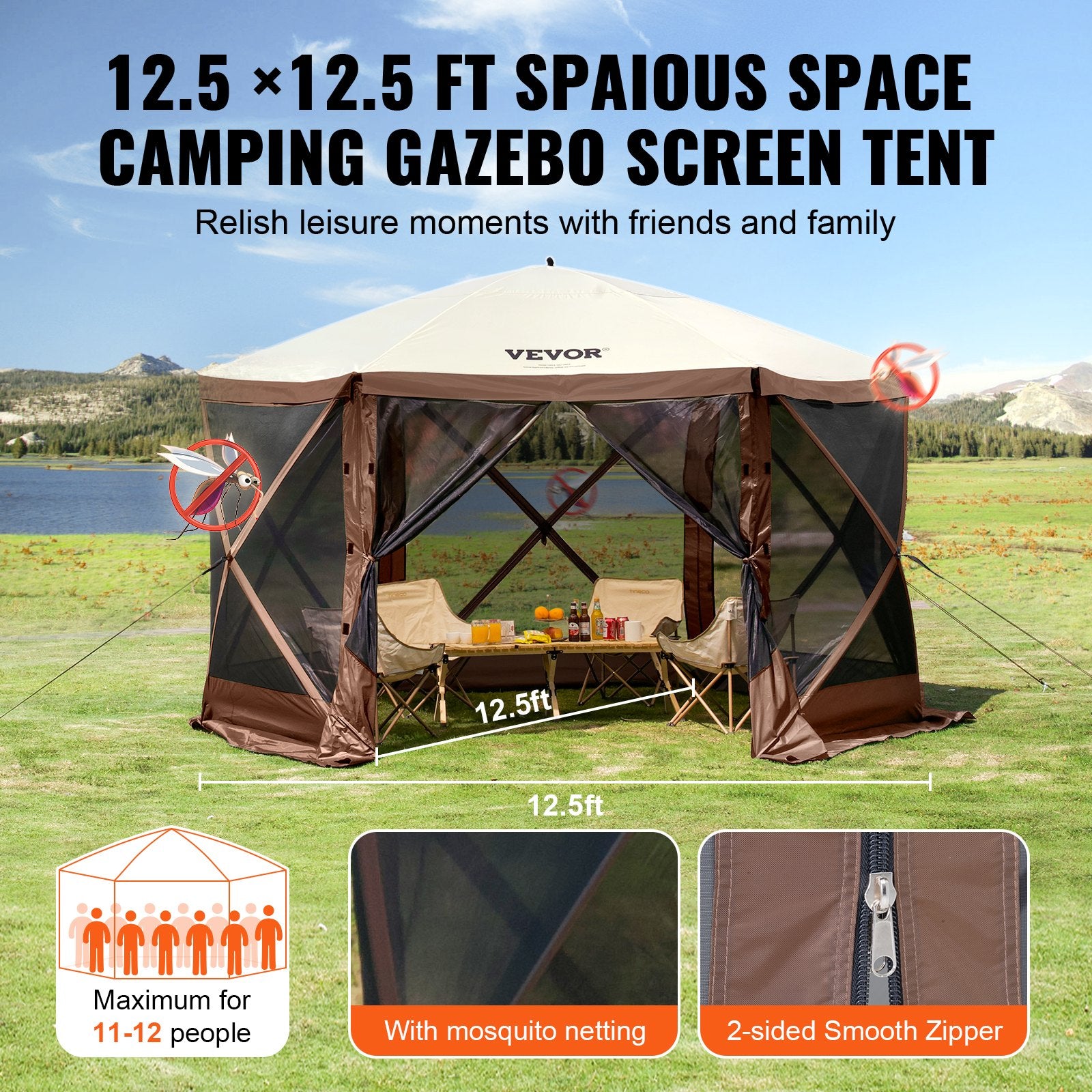 Pop Up Gazebo Tent 12.5x12.5FT 6 Sided Screen Canopy with Removable Cloths Brown