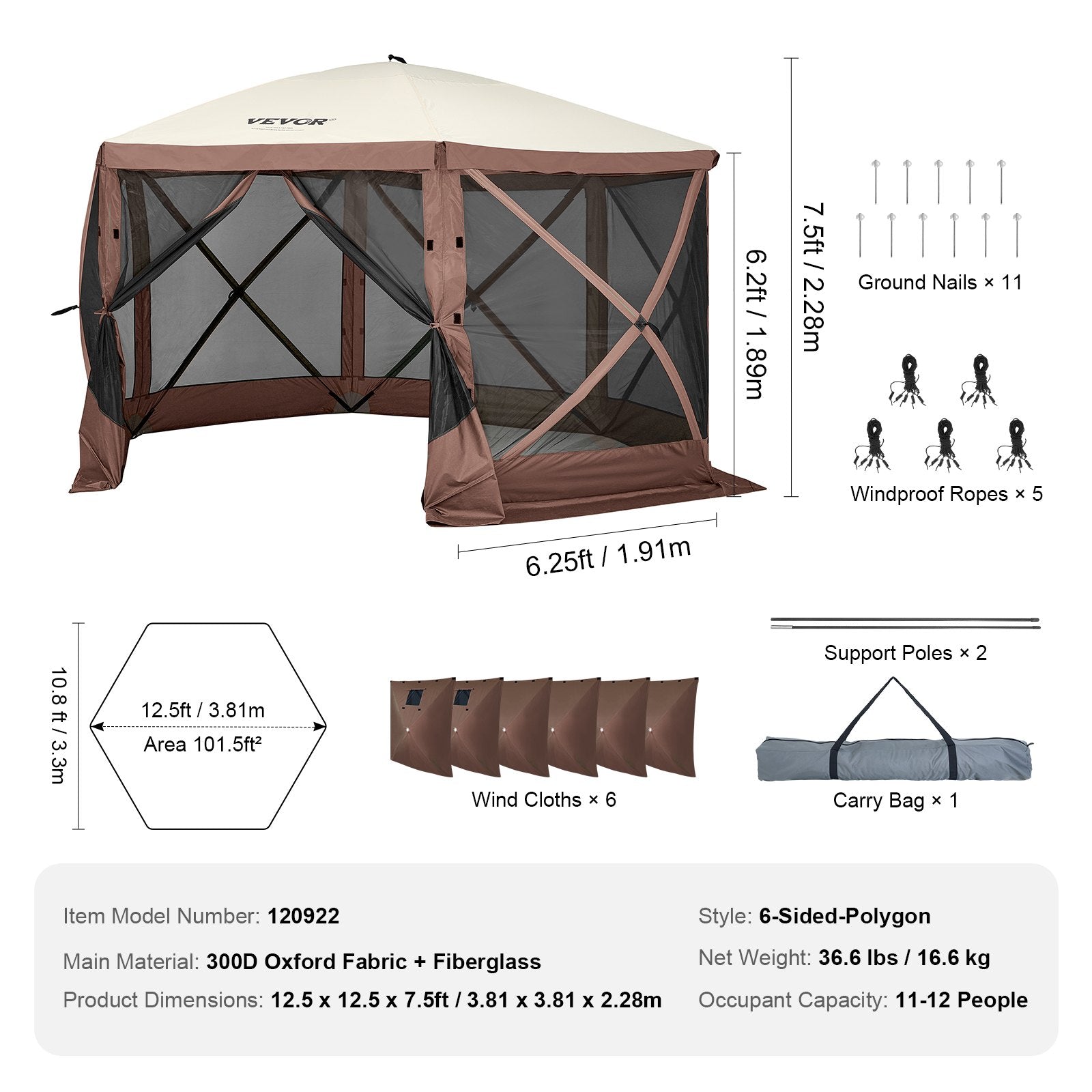 Pop Up Gazebo Tent 12.5x12.5FT 6 Sided Screen Canopy with Removable Cloths Brown