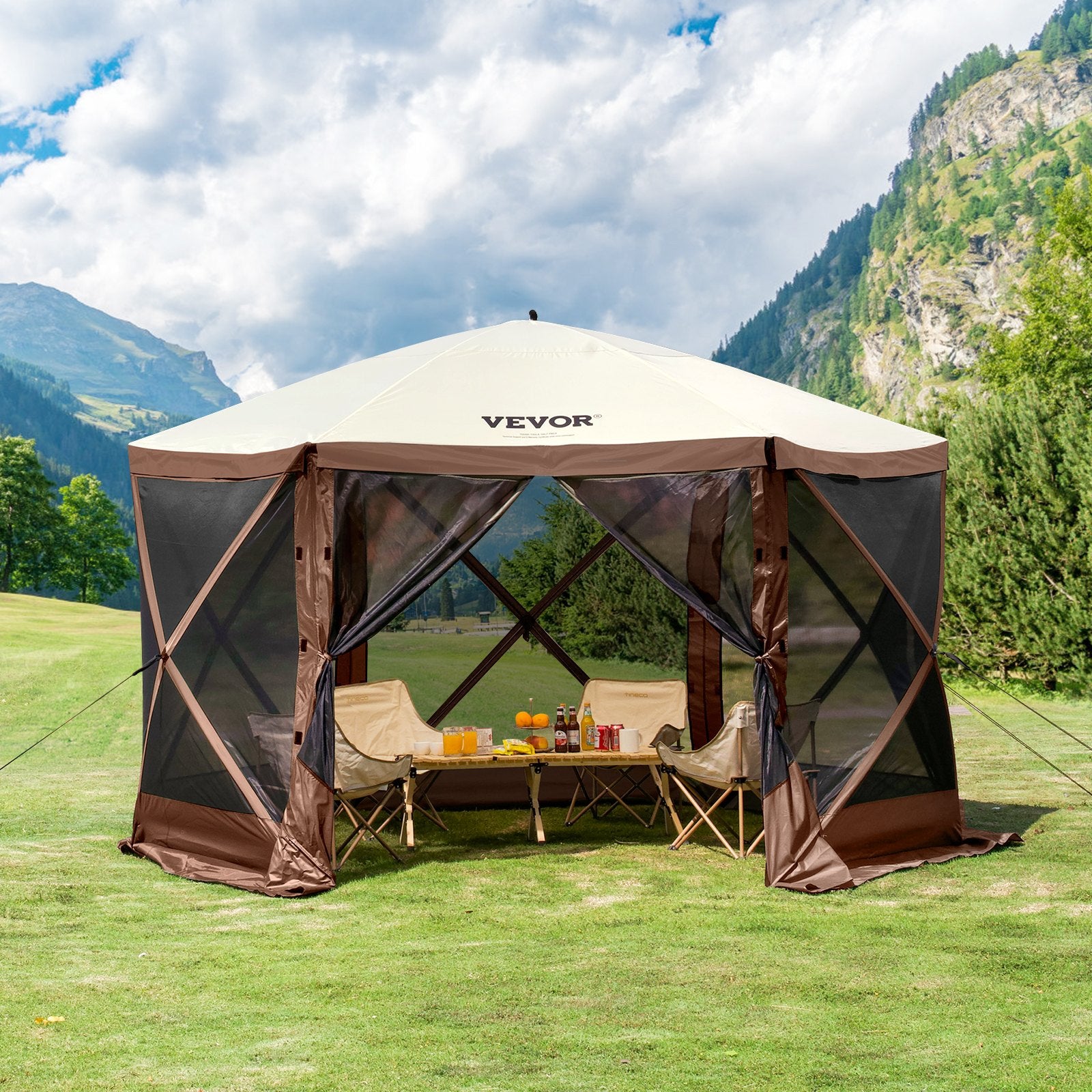 Pop Up Gazebo Tent 12.5x12.5FT 6 Sided Screen Canopy with Removable Cloths Brown
