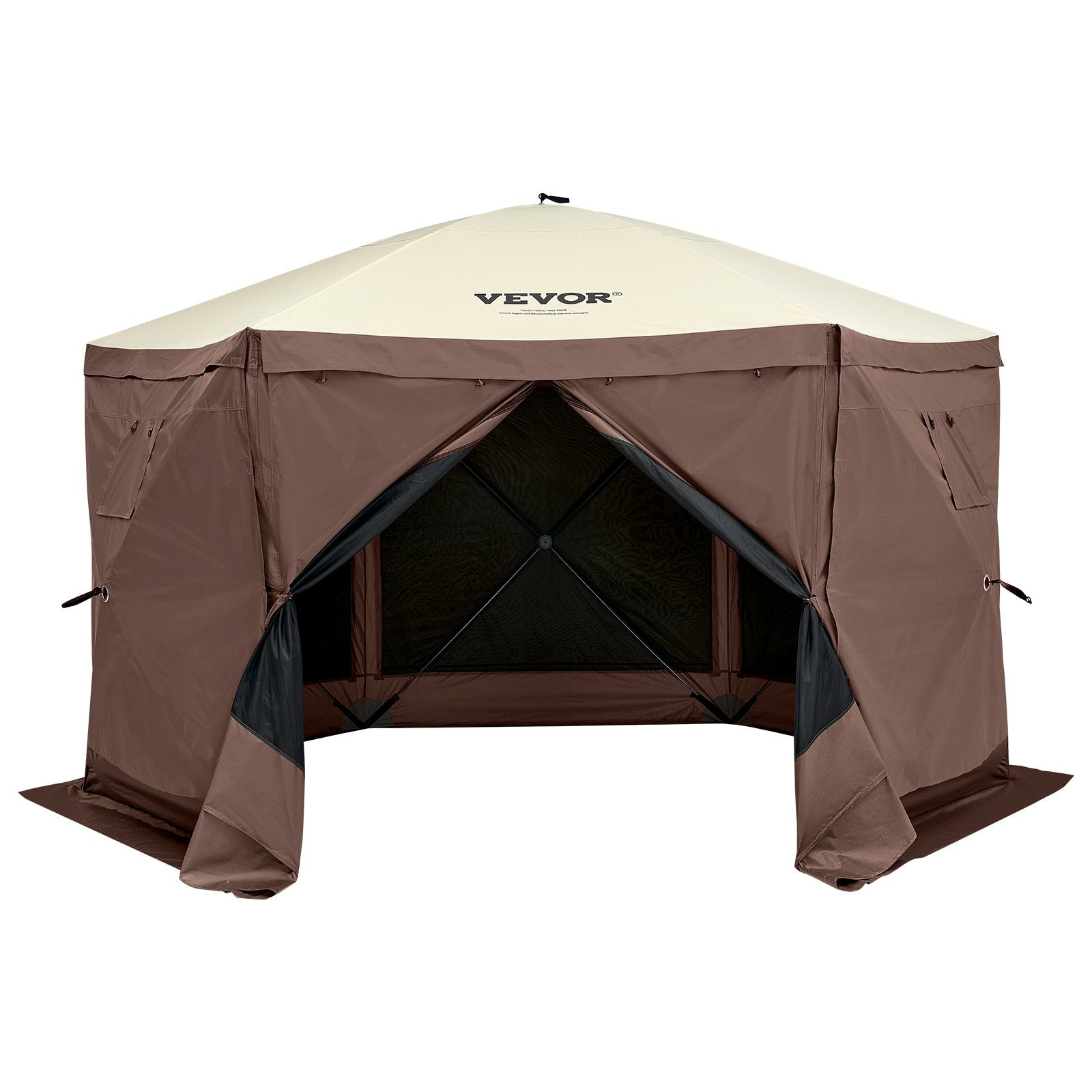 Pop Up Gazebo Tent 12.5x12.5FT 6 Sided Screen Canopy with Removable Cloths Brown