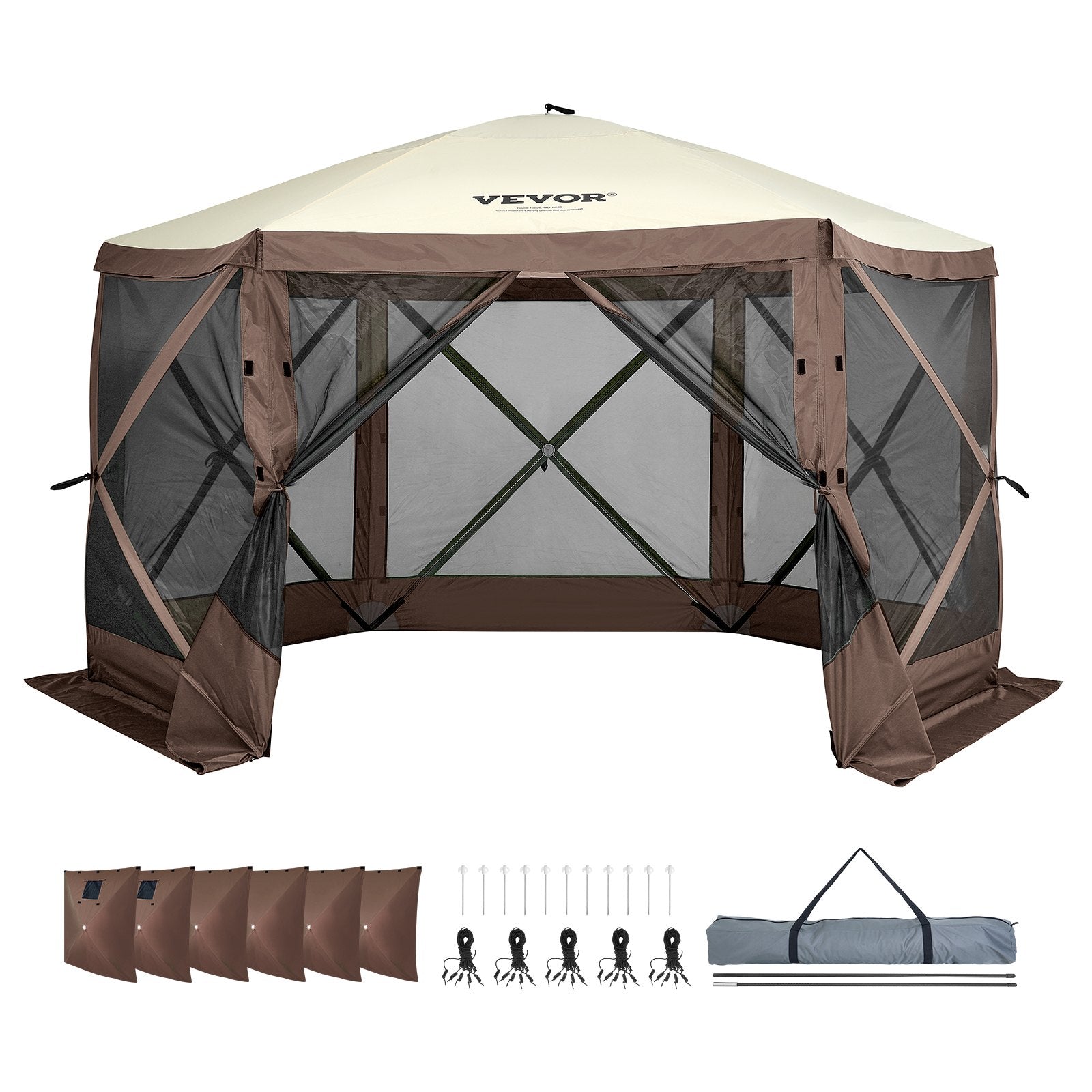 Pop Up Gazebo Tent 12.5x12.5FT 6 Sided Screen Canopy with Removable Cloths Brown