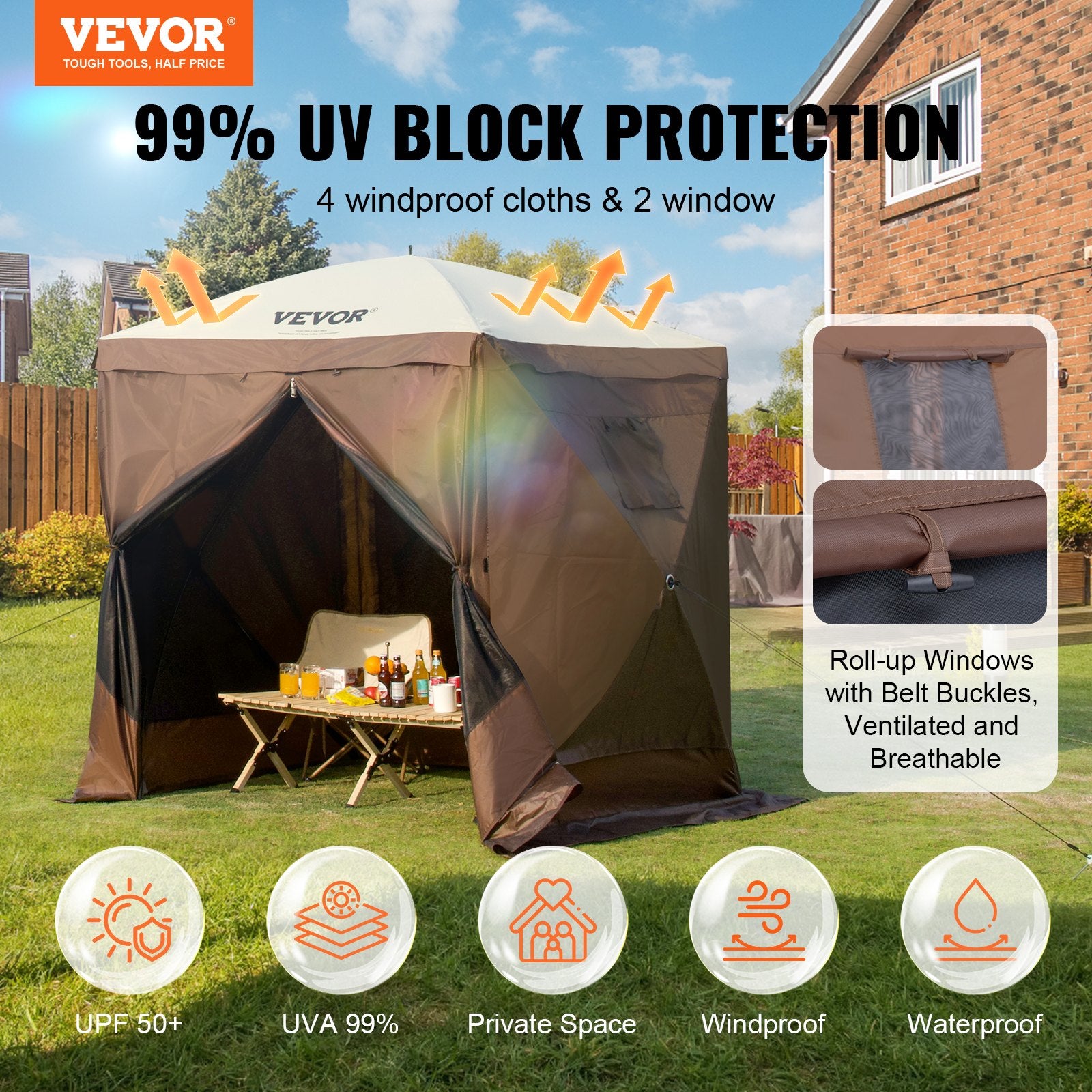 Pop Up Gazebo Tent 6x6FT 4 Sided Screen Canopy with Removable Cloths Brown