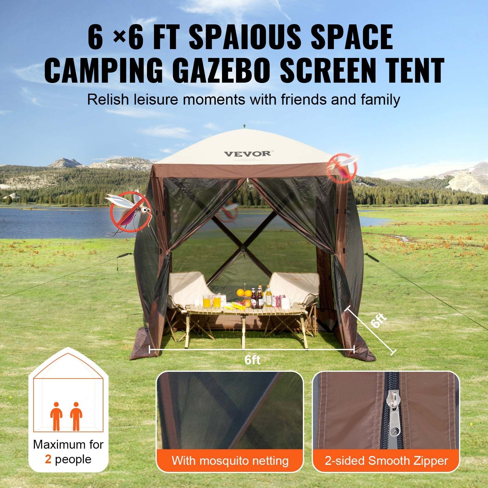 Pop Up Gazebo Tent 6x6FT 4 Sided Screen Canopy with Removable Cloths Brown