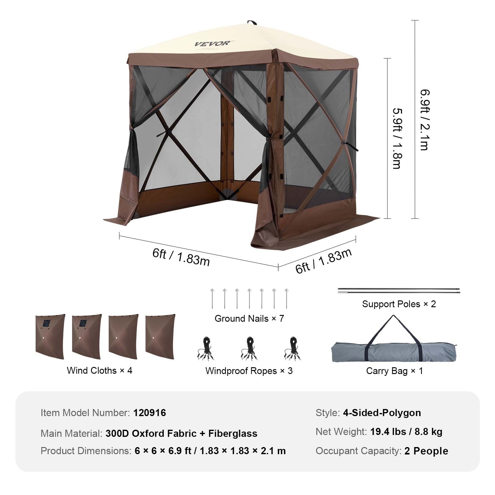 Pop Up Gazebo Tent 6x6FT 4 Sided Screen Canopy with Removable Cloths Brown