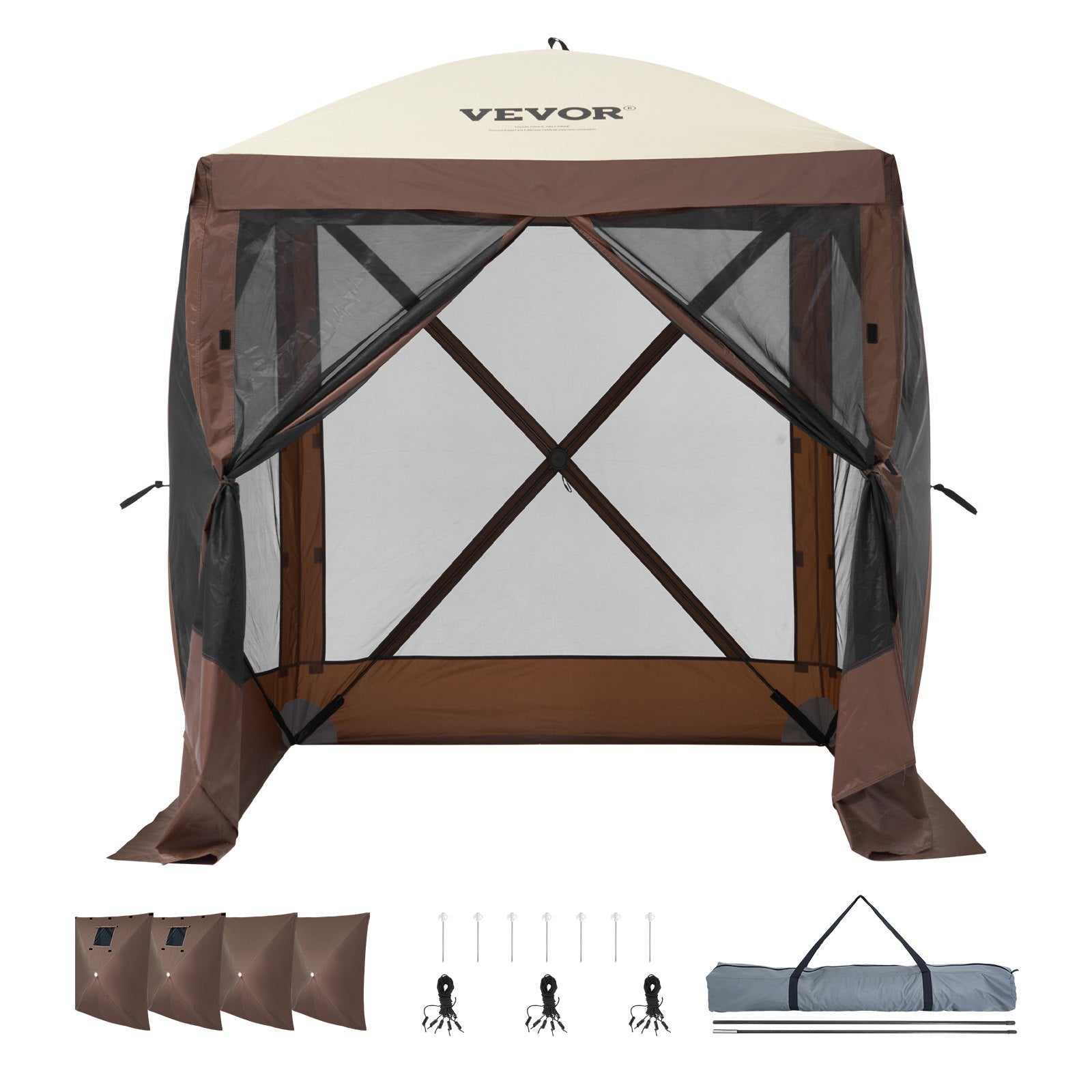 Pop Up Gazebo Tent 6x6FT 4 Sided Screen Canopy with Removable Cloths Brown