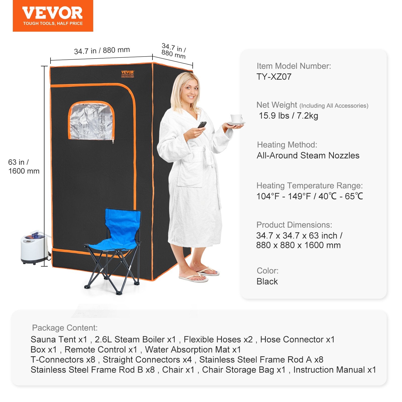 Portable Steam Sauna Tent Full Size 1000W w/Window Chair Remote Control Black