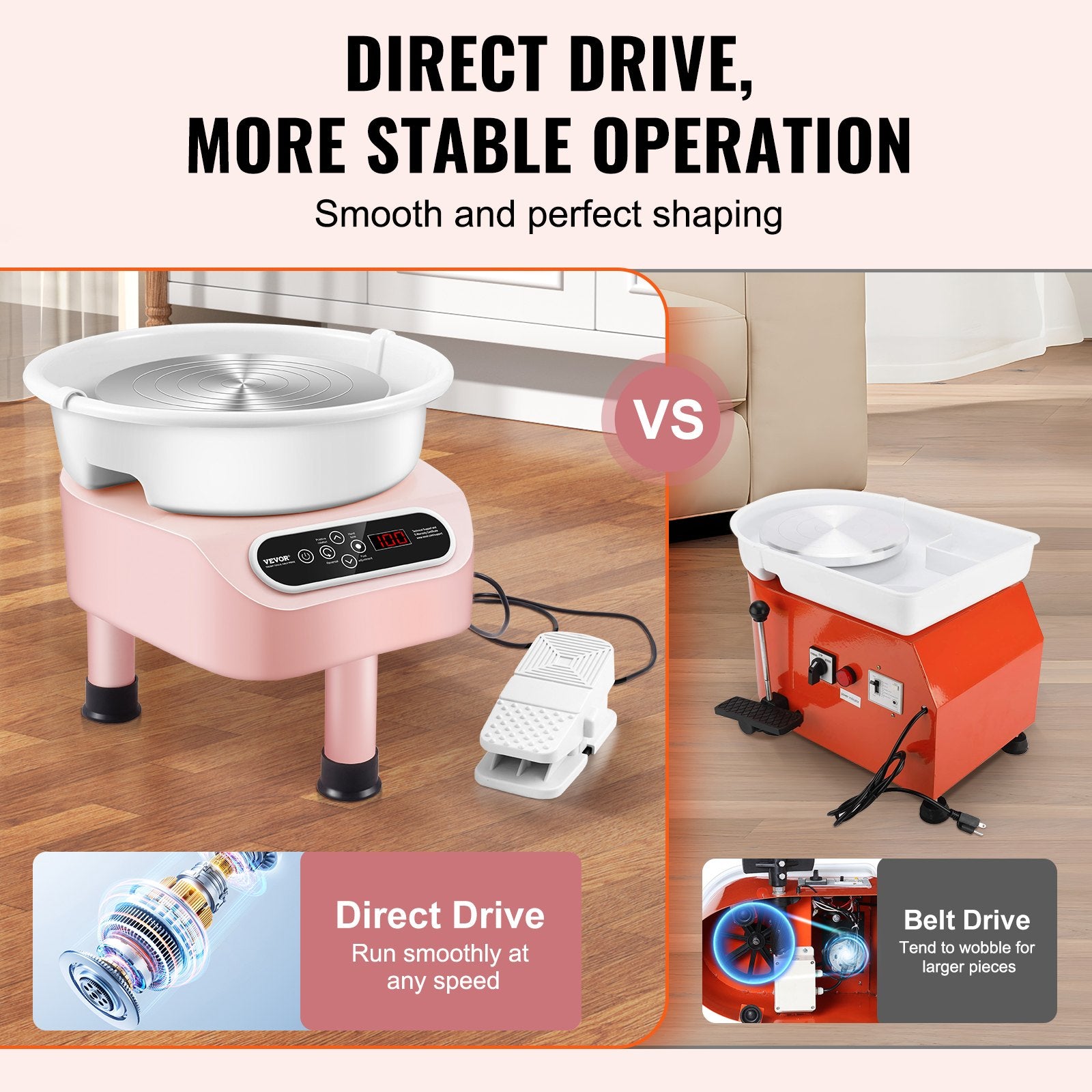 Pottery Wheel 10 Inch 350W Electric, Direct Drive with Foot Pedal, 3 Legs, Pink