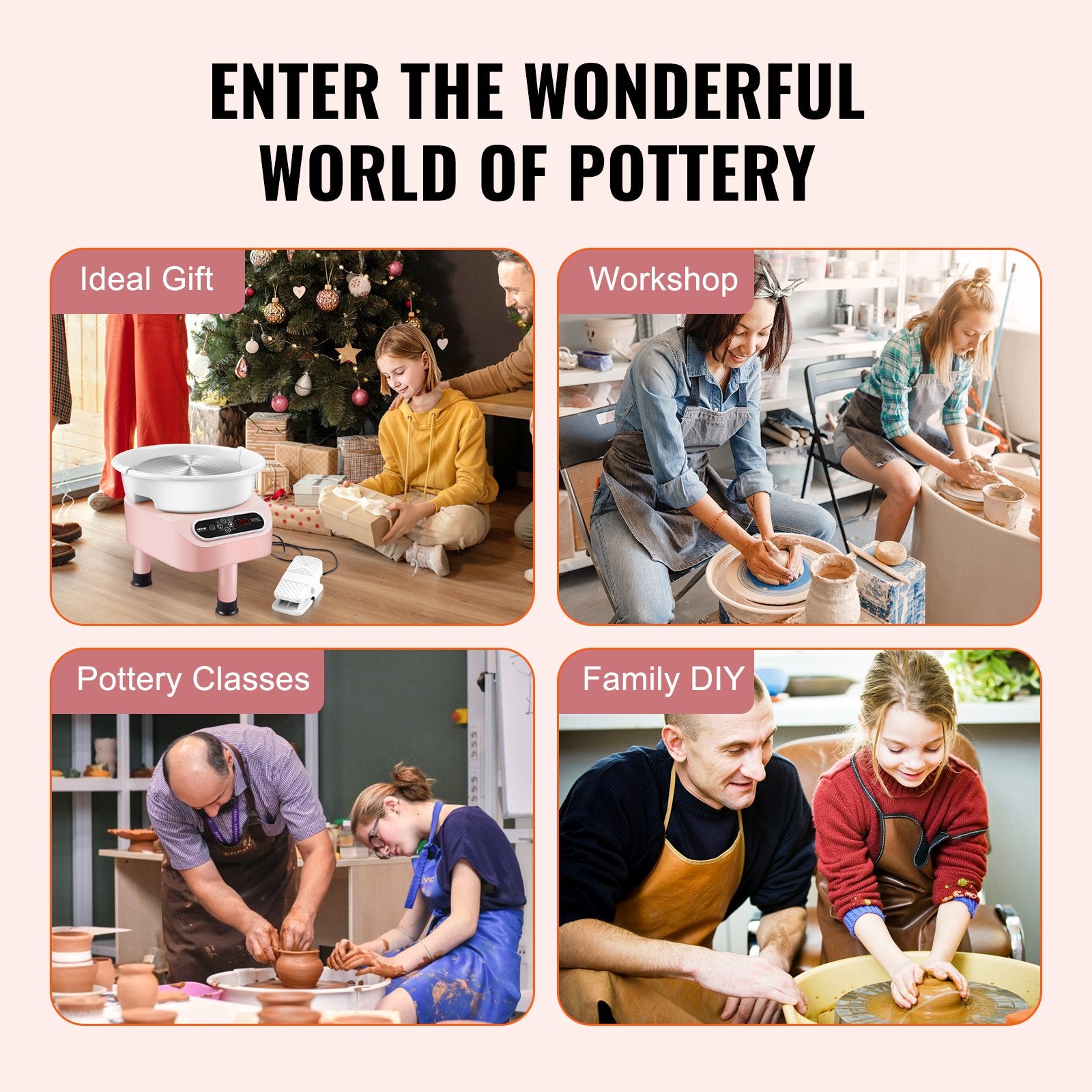 Pottery Wheel 10 Inch 350W Electric, Direct Drive with Foot Pedal, 3 Legs, Pink