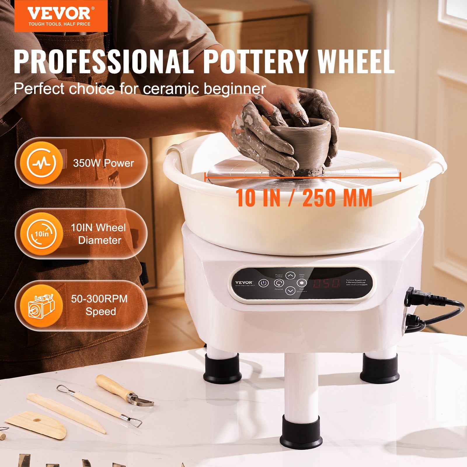 Pottery Wheel 10 Inch 350W Electric, Direct Drive with Foot Pedal, 3 Legs, White
