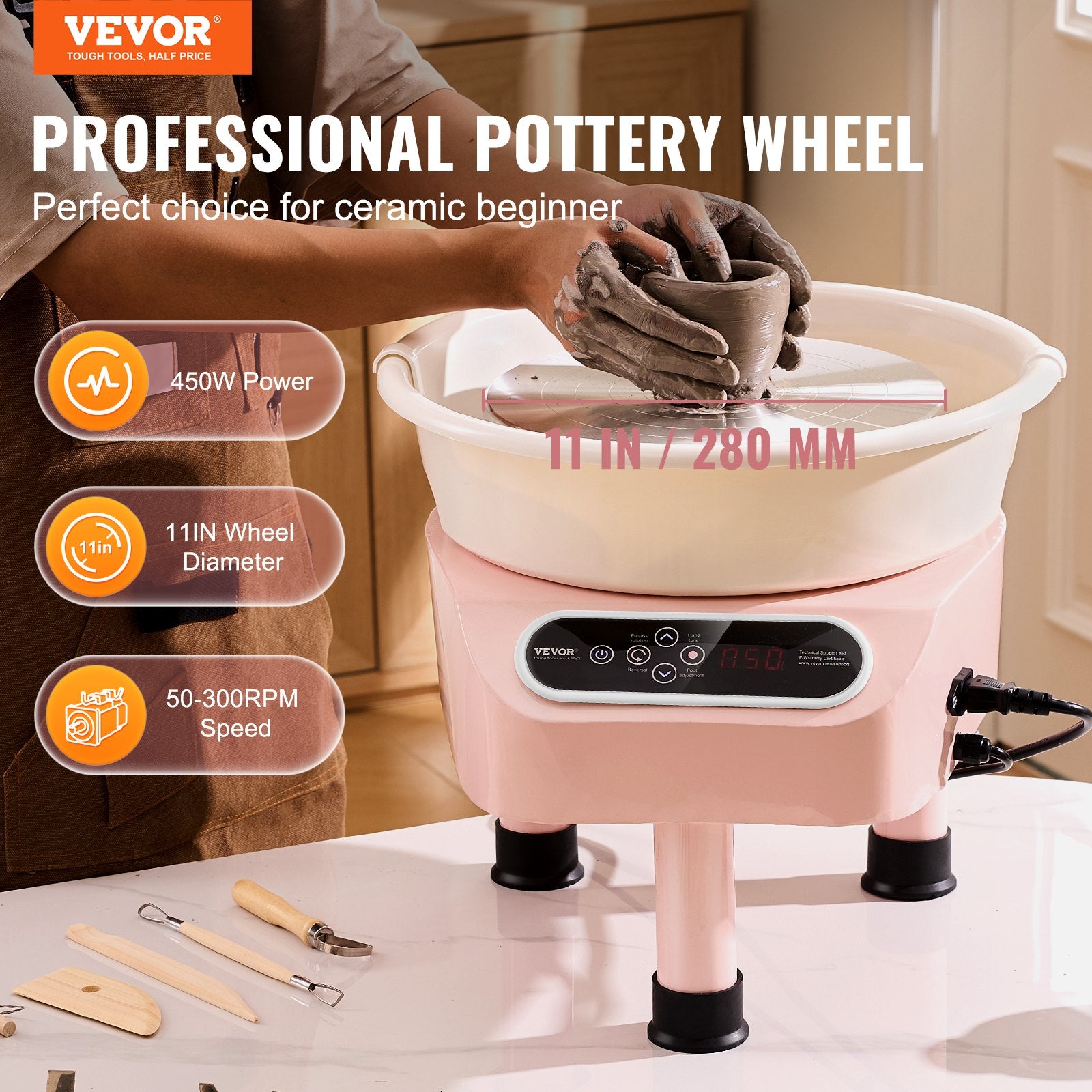 Pottery Wheel 11 Inch 450W Electric, Direct Drive with Foot Pedal, 3 Legs, Pink