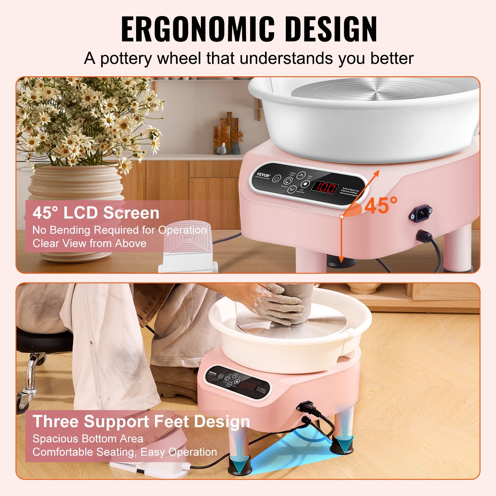 Pottery Wheel 11 Inch 450W Electric, Direct Drive with Foot Pedal, 3 Legs, Pink