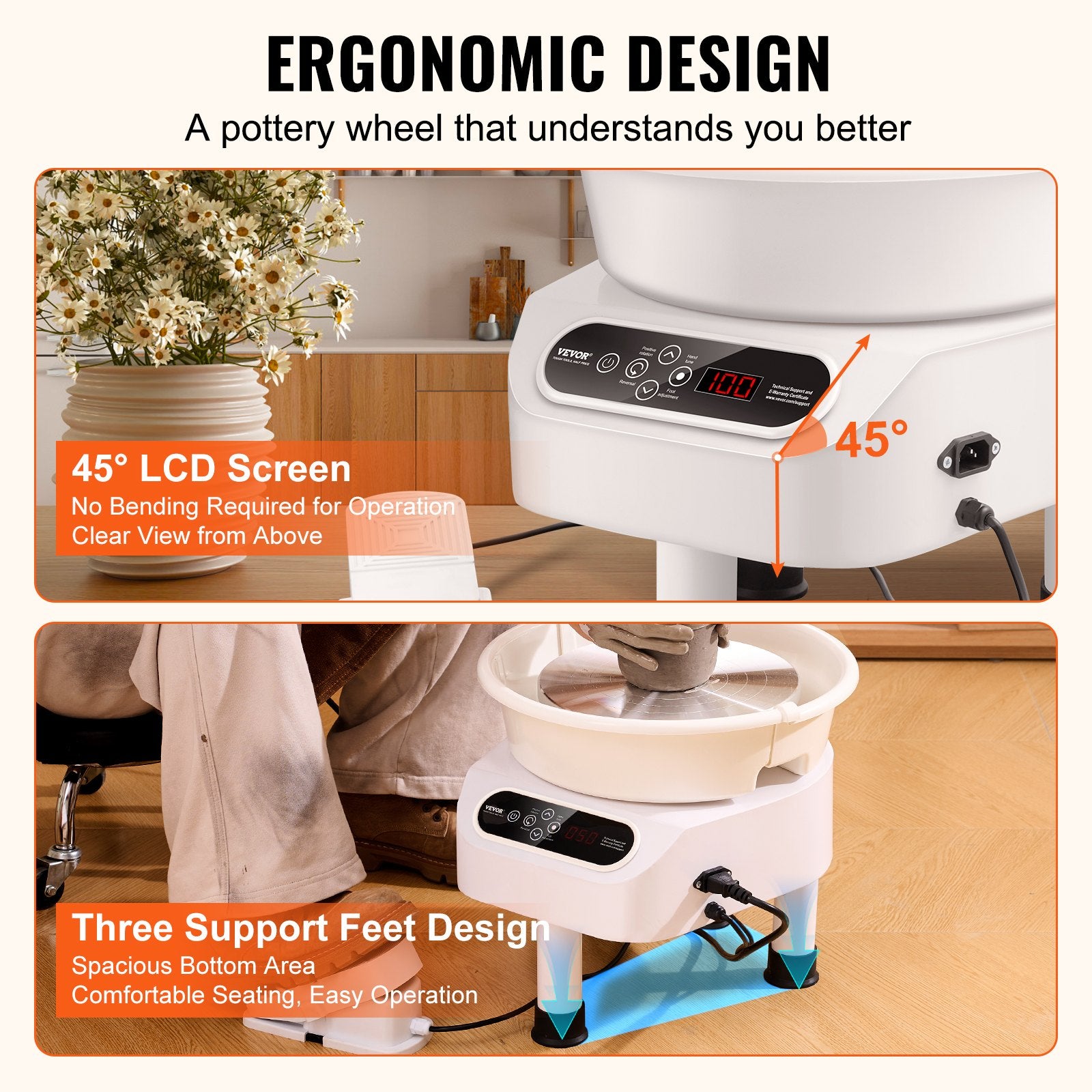 Pottery Wheel 11in 450W Electric Direct Drive Foot Pedal LCD 3 Legs White