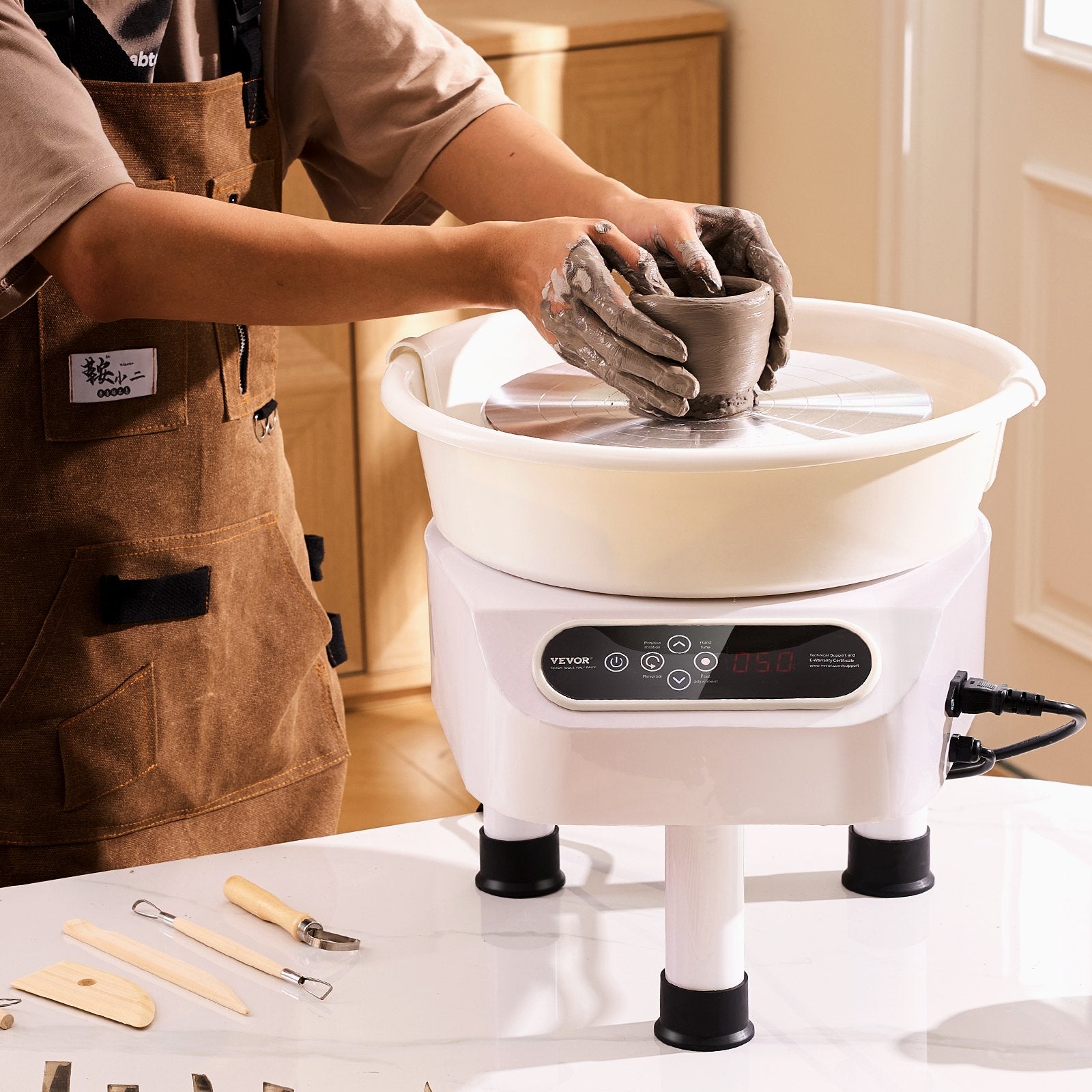 Pottery Wheel 11in 450W Electric Direct Drive Foot Pedal LCD 3 Legs White