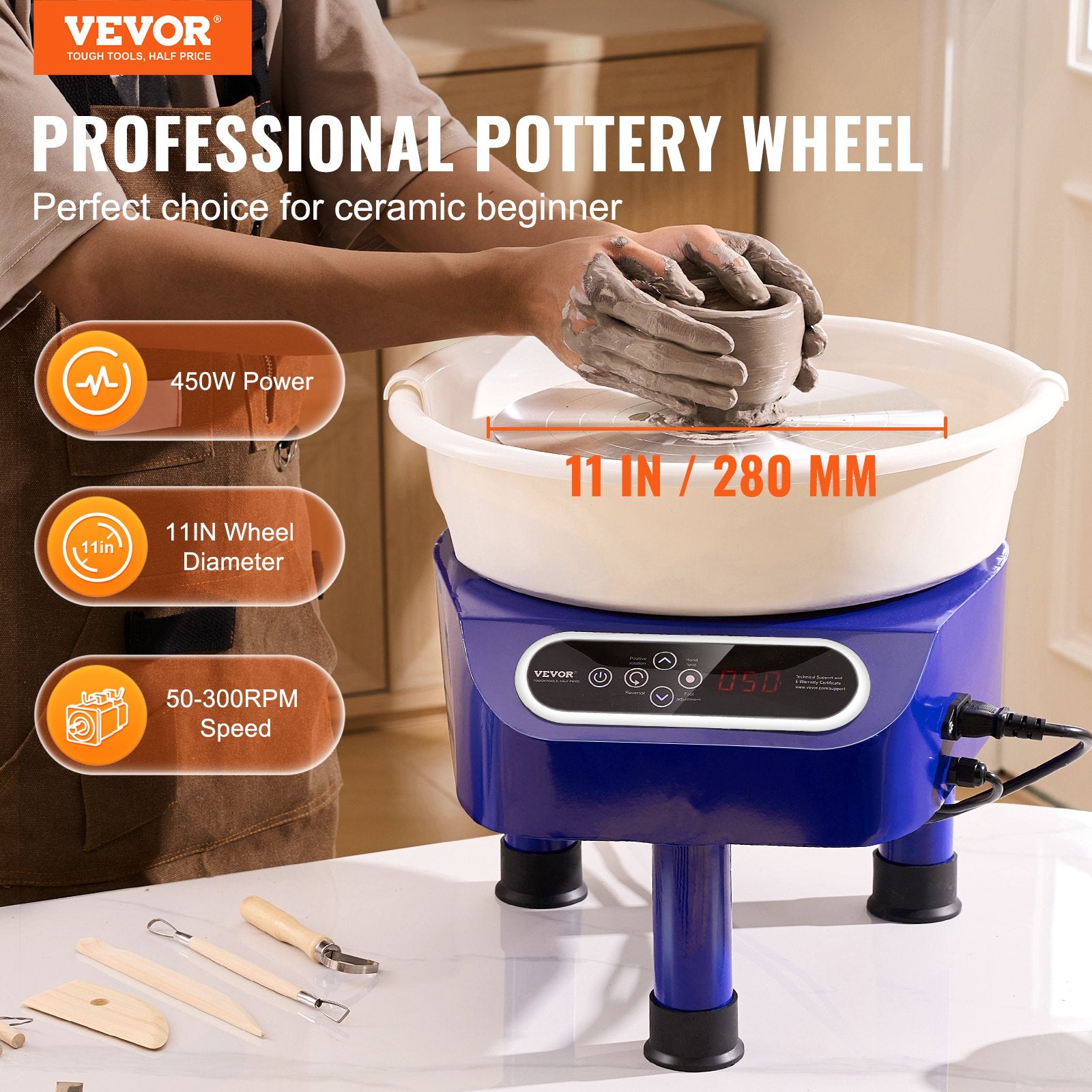 Pottery Wheel 11 Inch 450W Electric, Direct Drive with Foot Pedal, 3 Legs, Blue