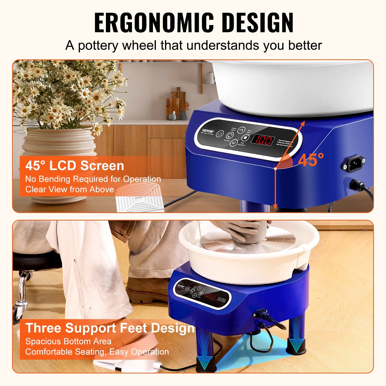 Pottery Wheel 11 Inch 450W Electric, Direct Drive with Foot Pedal, 3 Legs, Blue