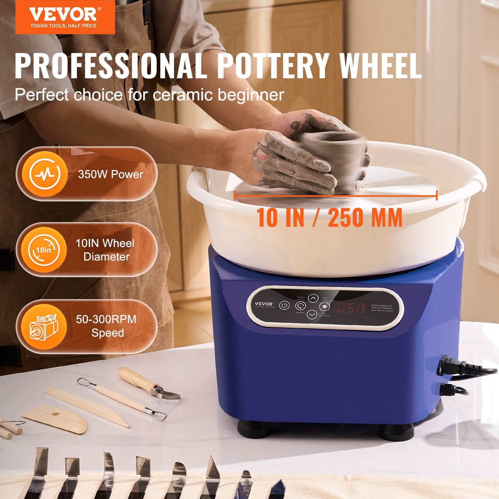 Pottery Wheel 10 Inch 350W Electric, Direct Drive with Foot Pedal LCD, Blue