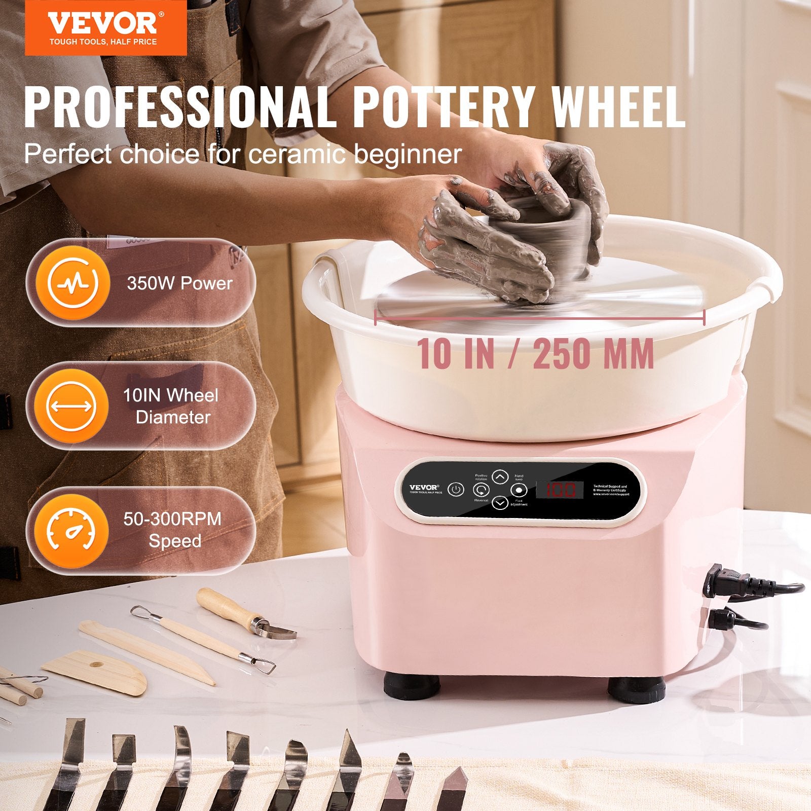 Pottery Wheel 10 Inch 350W Electric, Direct Drive with Foot Pedal LCD, Pink