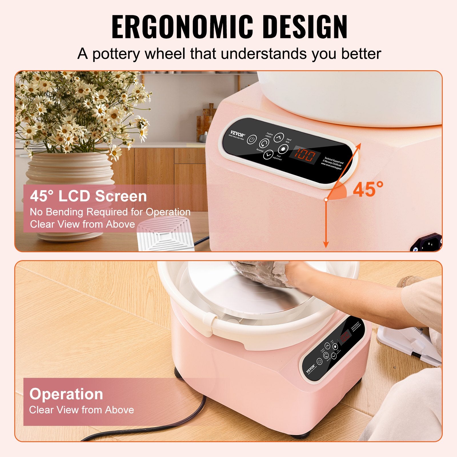 Pottery Wheel 10 Inch 350W Electric, Direct Drive with Foot Pedal LCD, Pink