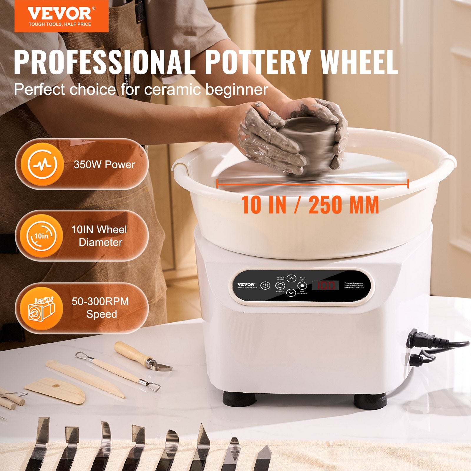 Pottery Wheel 10 Inch 350W Electric, Direct Drive with Foot Pedal LCD, White