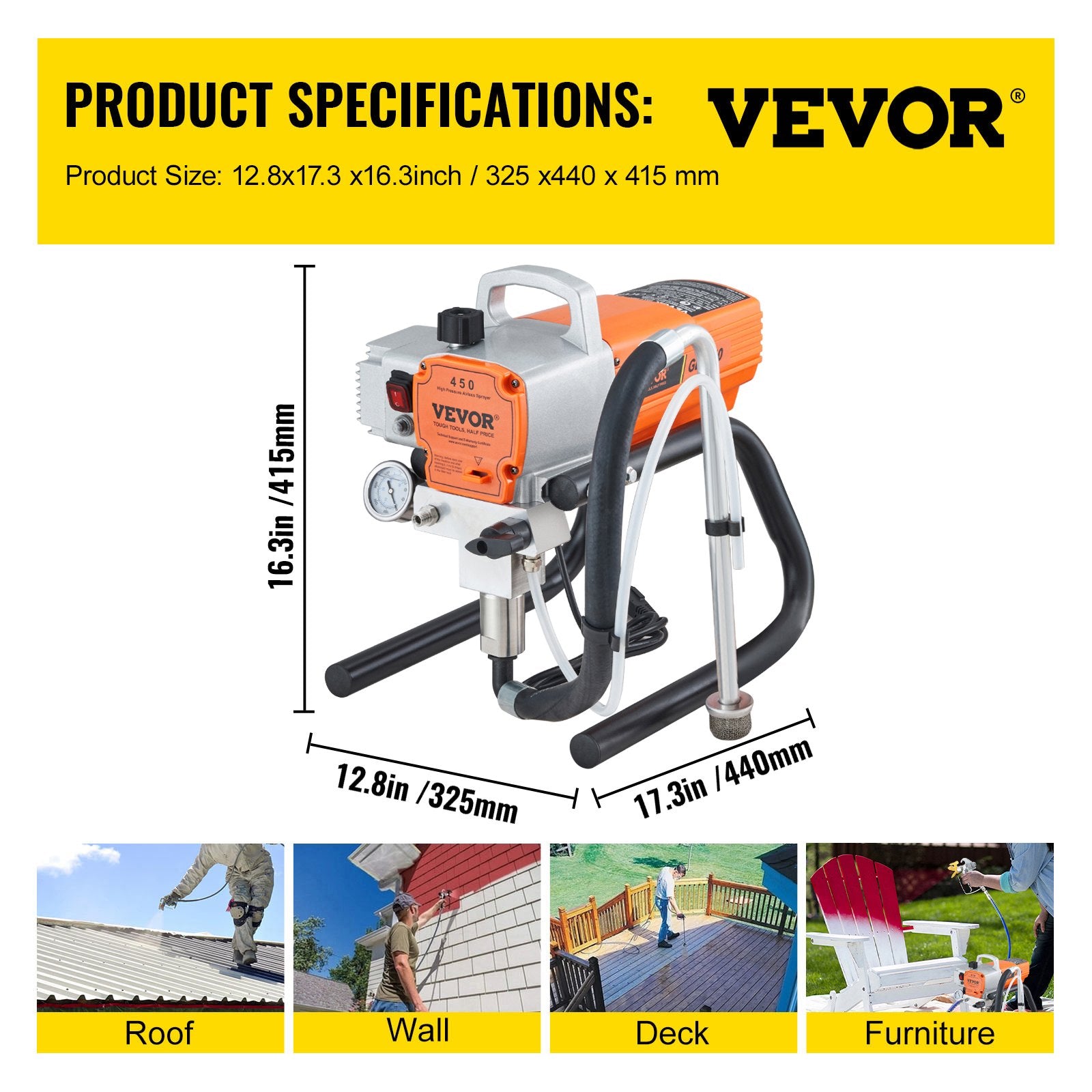 Paint Sprayer 1500W Airless 3000PSI Hose Gun Home Industrial Metal Structures