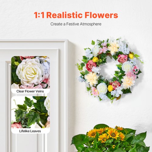 Artificial Peony Hydrangea Wreath 60.96 cm White Pink Yellow for All Seasons