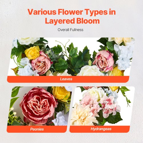 Artificial Peony Hydrangea Wreath 60.96 cm White Pink Yellow for All Seasons