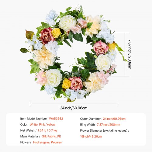 Artificial Peony Hydrangea Wreath 60.96 cm White Pink Yellow for All Seasons