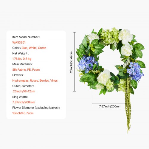 VEVOR 58.42 cm Artificial Wreath Hydrangeas Roses For Indoor and Outdoor