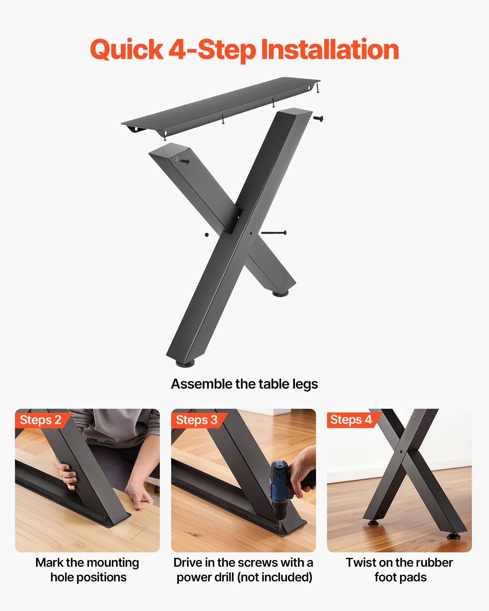Table Legs 2PCS 750x760mm Steel X Frame 1000kg Load Modular Easy Assembly Black