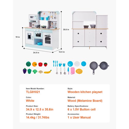 VEVOR Kids Wooden Play Kitchen Set with Lights Sounds Oven, Microwave, Fridge
