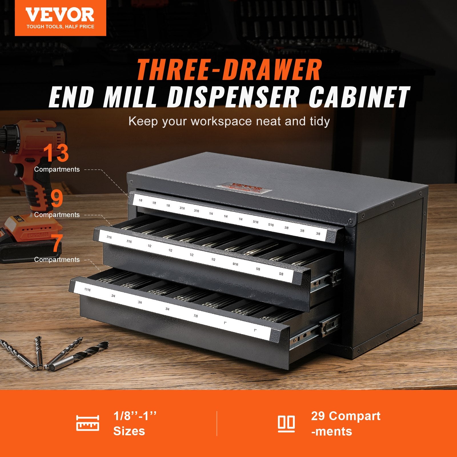 3 Drawer End Mill Dispenser Cabinet 29 Compartment Steel Organizer