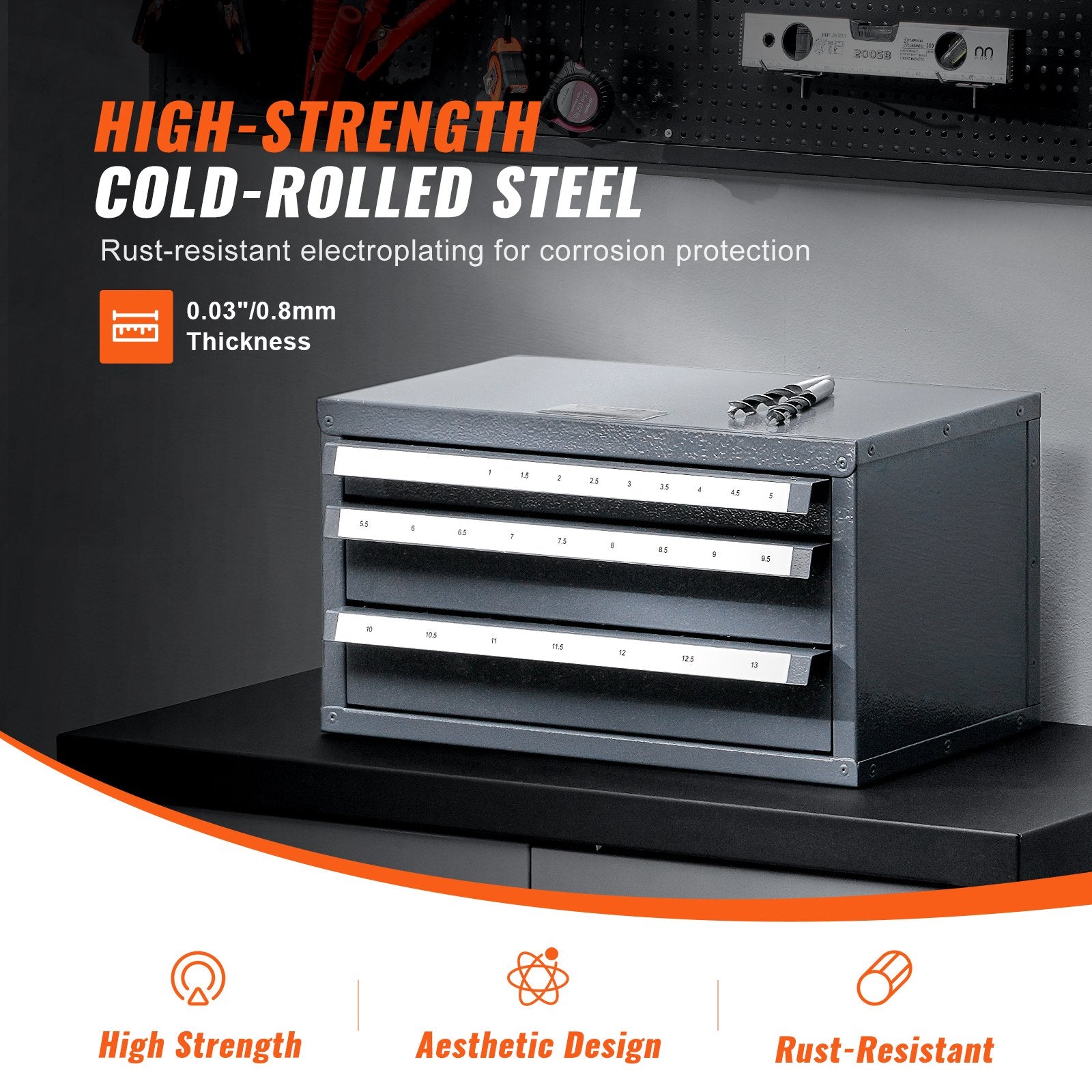 Drill Bit Dispenser Cabinet, Steel Three-Drawer Organizer with Labels 1mm-13mm