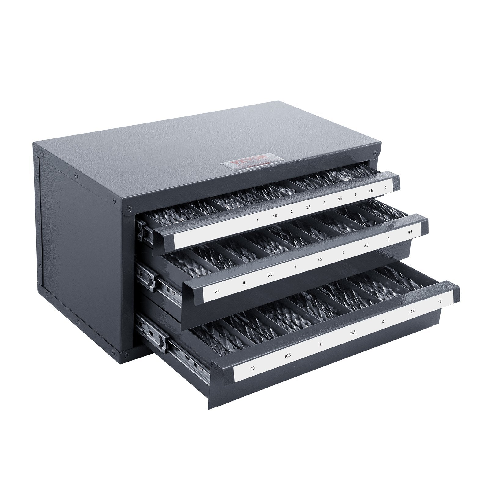 Drill Bit Dispenser Cabinet, Steel Three-Drawer Organizer with Labels 1mm-13mm