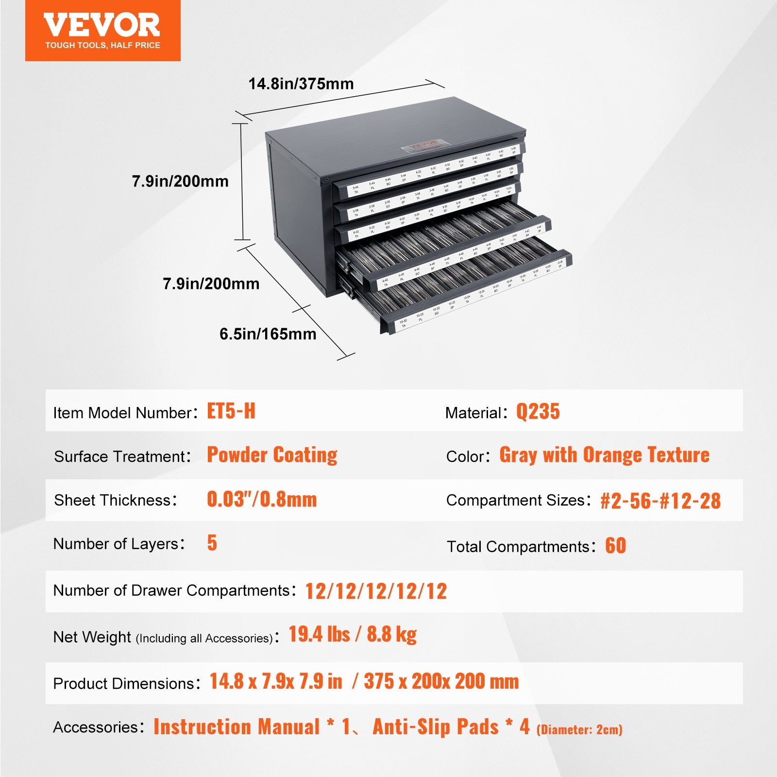 5 Drawer Tap Dispenser Cabinet 60 Compartment Steel Organizer