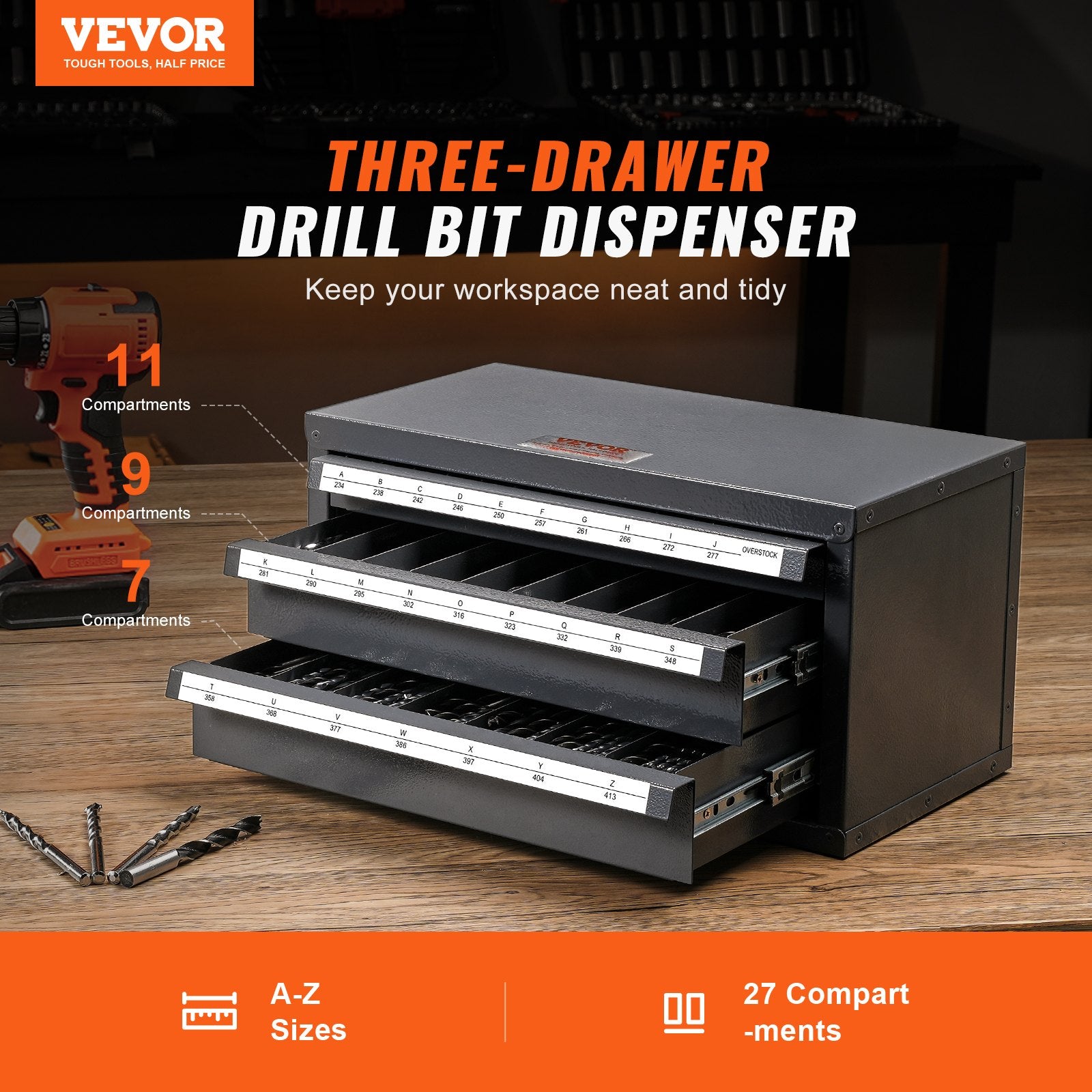 Drill Bit Dispenser Cabinet Three-Drawer Steel Organizer A to Z with Labels