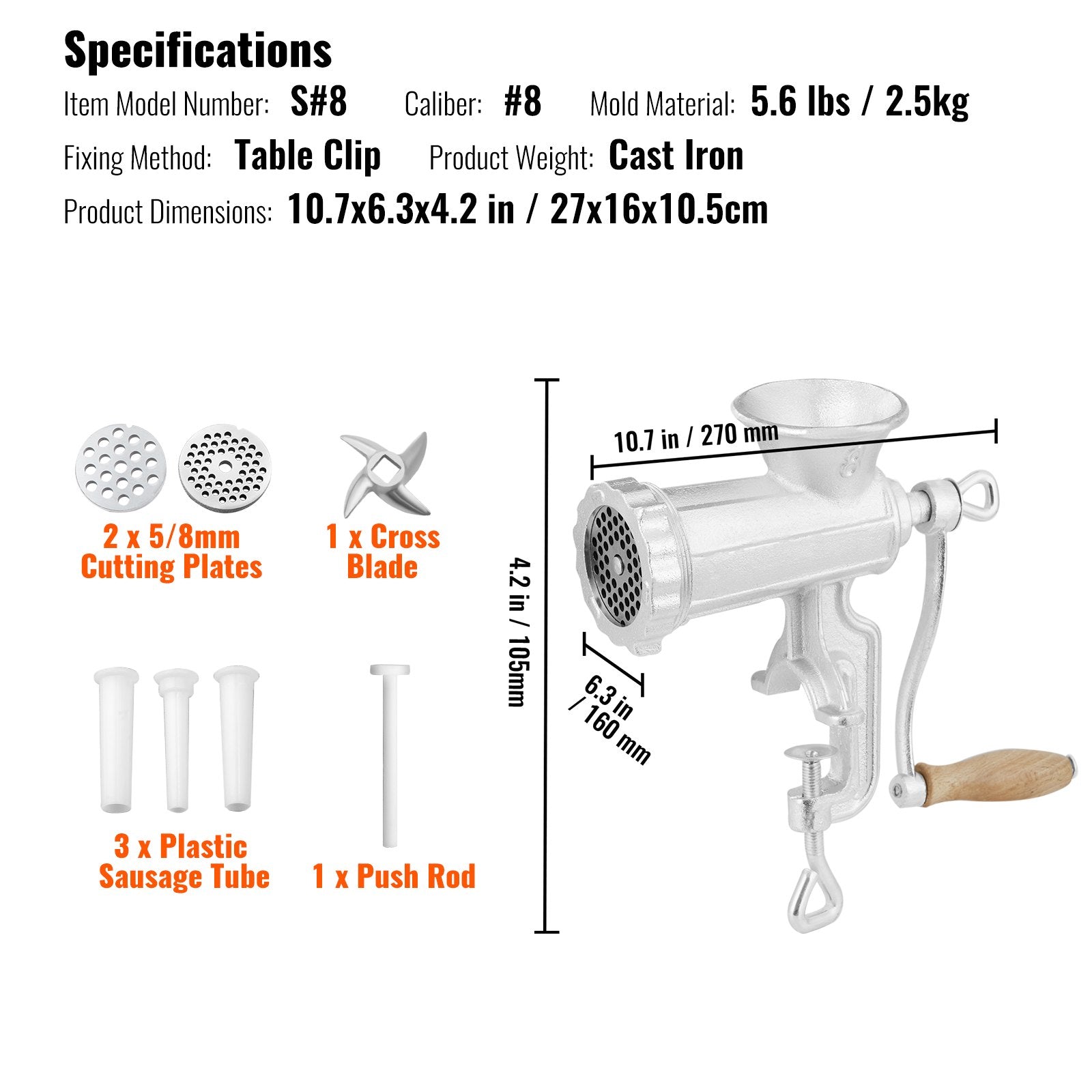 Manual Meat Grinder Heavy Duty Cast Iron with Steel Table Clamp