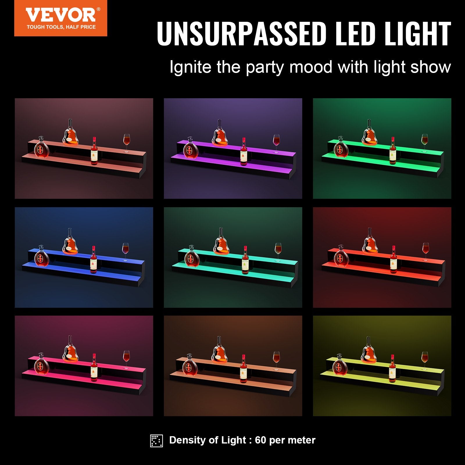 LED Lighted Liquor Bottle Display 2-Tier 40in Acrylic Bar Shelf Multicolor