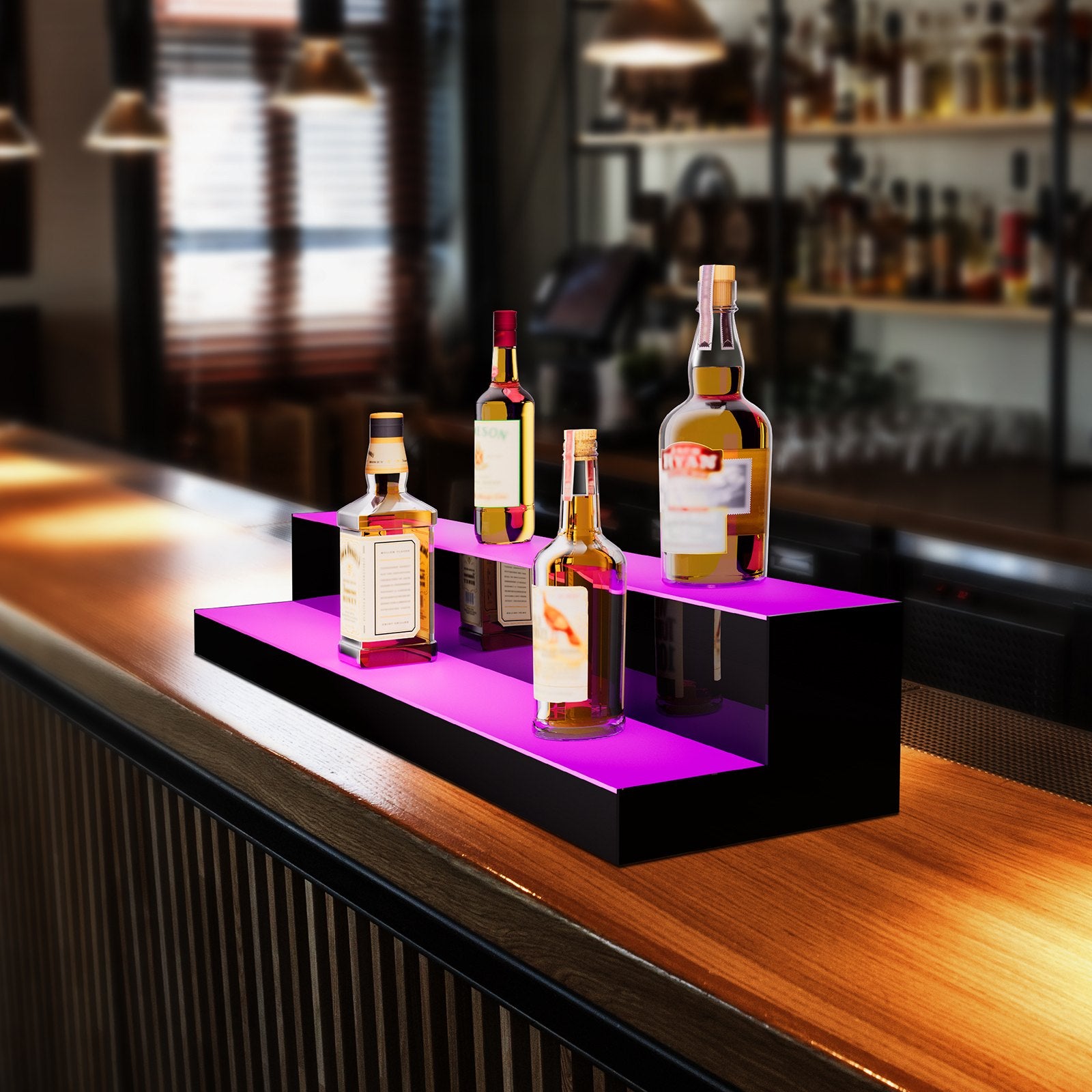 LED Lighted Liquor Bottle Display 2-Tier 40in Acrylic Bar Shelf Multicolor