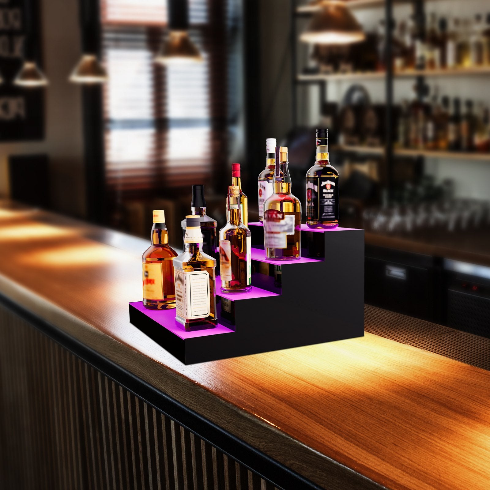 LED Lighted Liquor Bottle Display 4-Tier 16in Acrylic Bar Shelf Multicolor