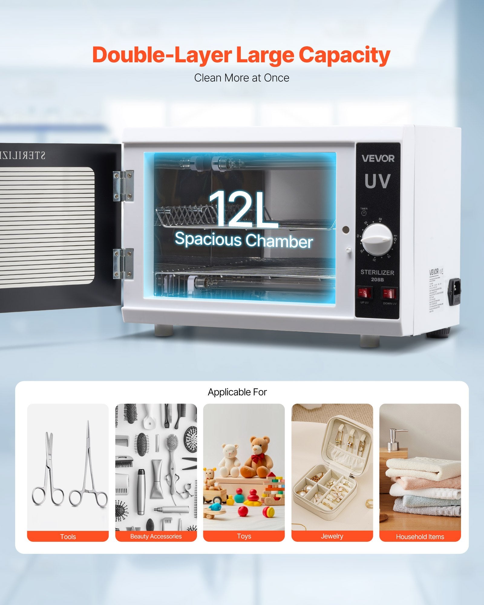 Nail Tool Cleaning Machine 12L Knob Control Cabinet Cleaner Timer Glass
