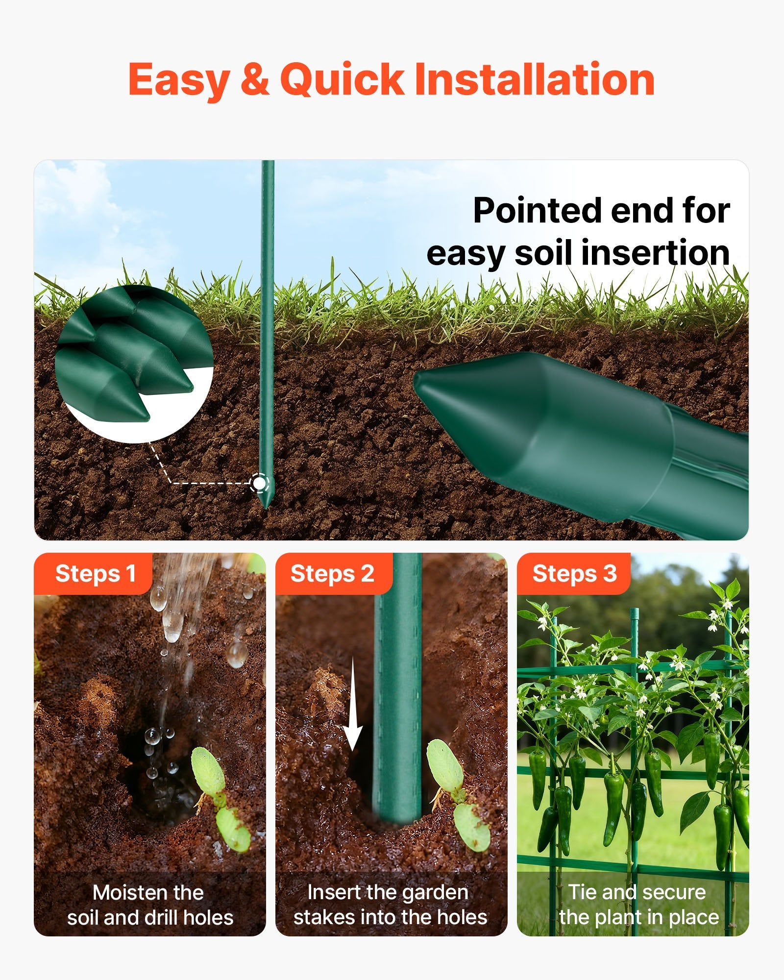 Garden Stakes 50 Pack 1170mm Plastic-Coated Metal Tomato Stakes Pointed Ends