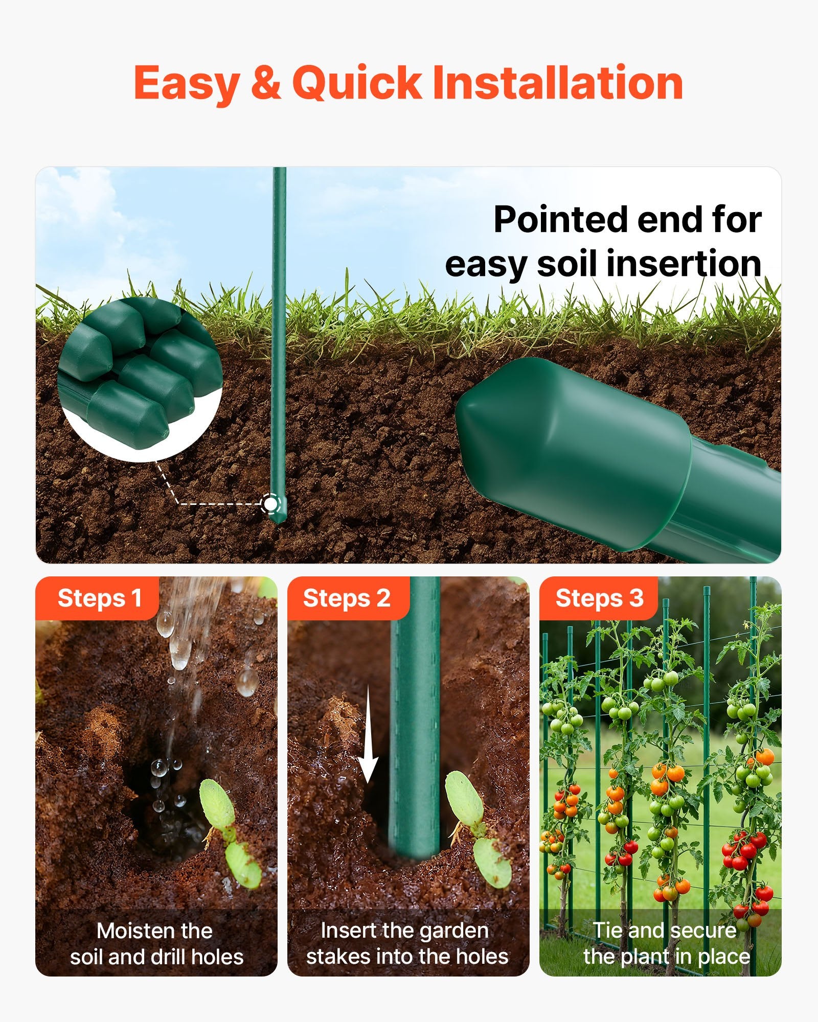 Garden Stakes 25 Pack 1800mm Plastic-Coated Metal Tomato Stakes Pointed Ends
