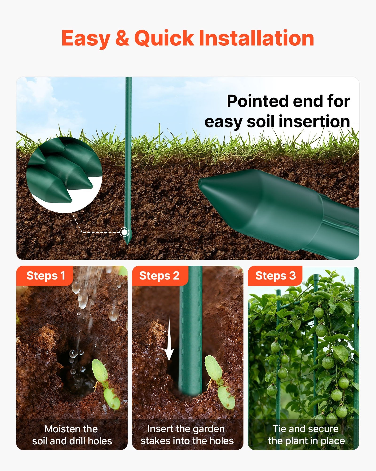 Garden Stakes 25 Pack 2100mm Plastic-Coated Metal Tomato Stakes Pointed Ends
