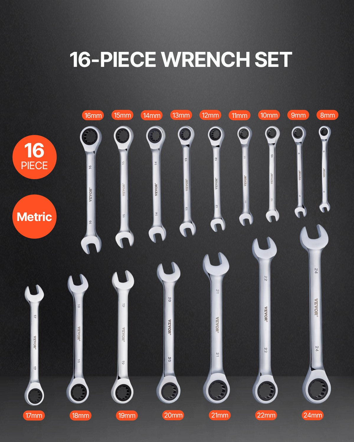 Combination Wrench Set 16-Piece Ratcheting Metric 8-24mm Organizer Rack Cr-V