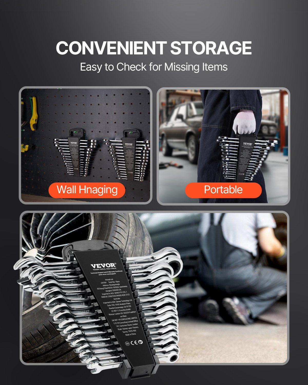 Combination Wrench Set 16-Piece Ratcheting Metric 8-24mm Organizer Rack Cr-V