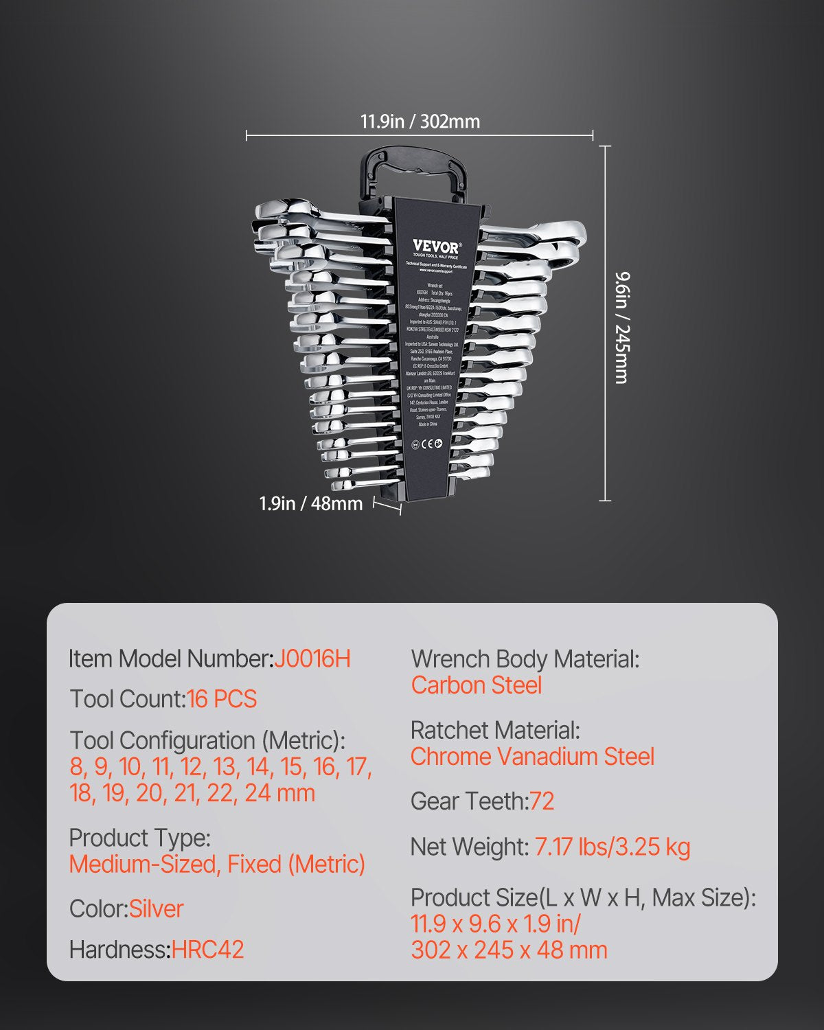 Combination Wrench Set 16-Piece Ratcheting Metric 8-24mm Organizer Rack Cr-V