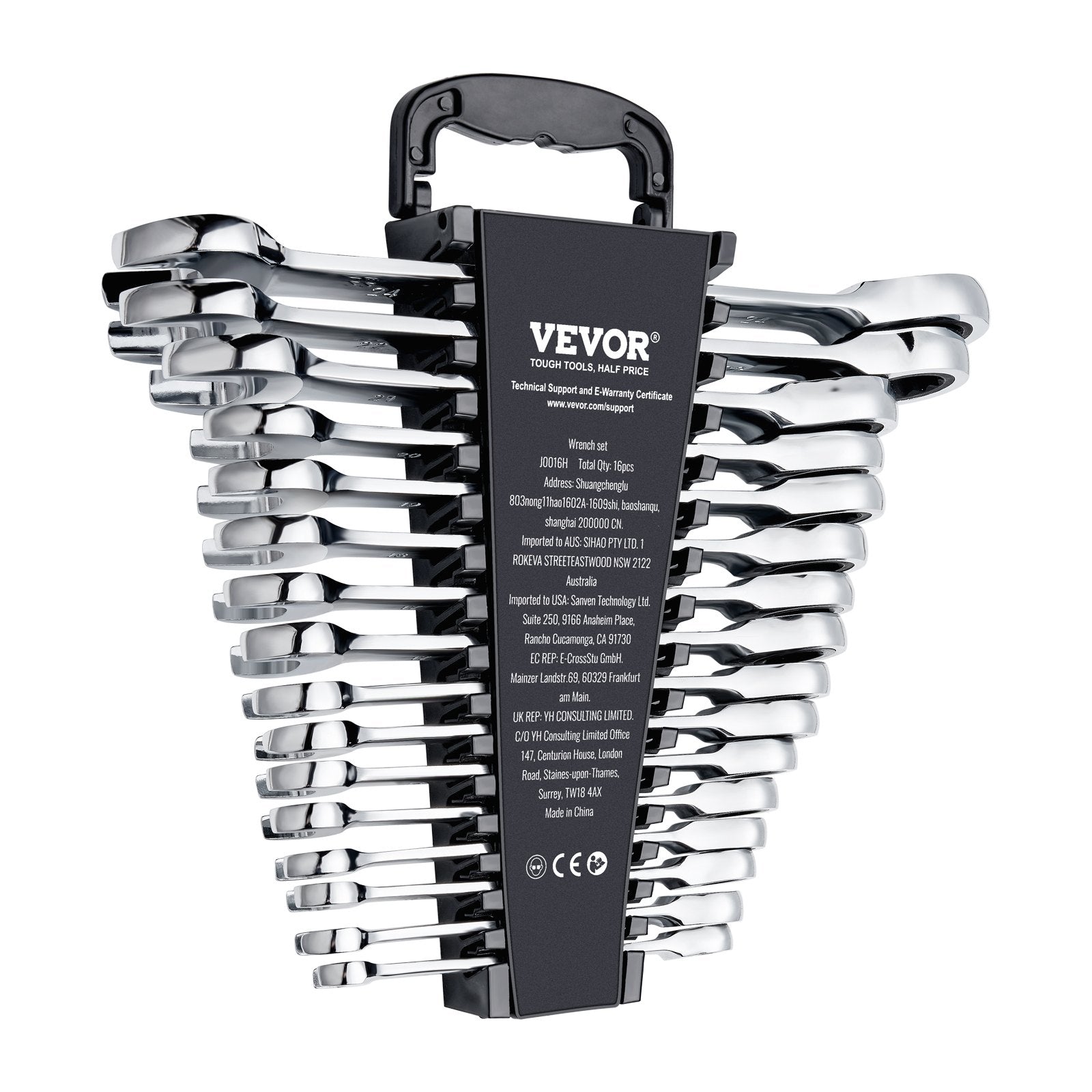 Combination Wrench Set 16-Piece Ratcheting Metric 8-24mm Organizer Rack Cr-V